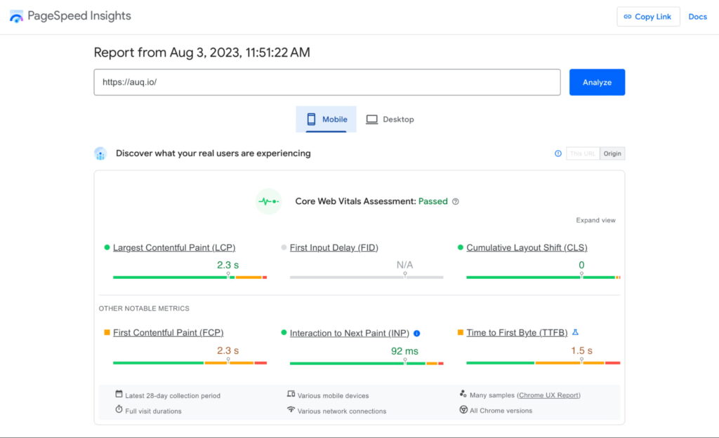 Example of good Core Web Vitals report